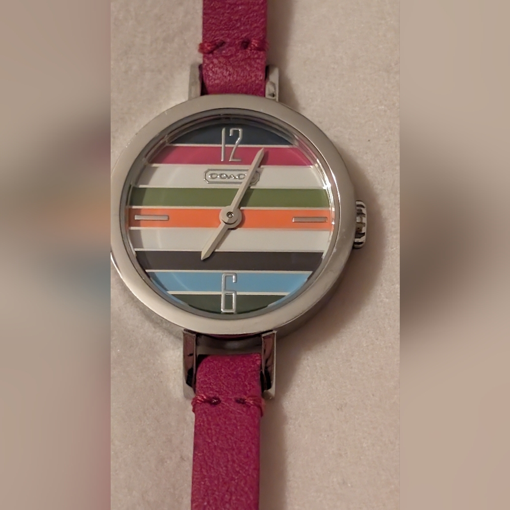 Coach Quartz Watch Legacy Stripe Dial Pink Leather EUC